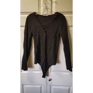 Everyday Chic Black Bodysuit Medium Ribbed Knit Lace Up V Neck Long Sleeve